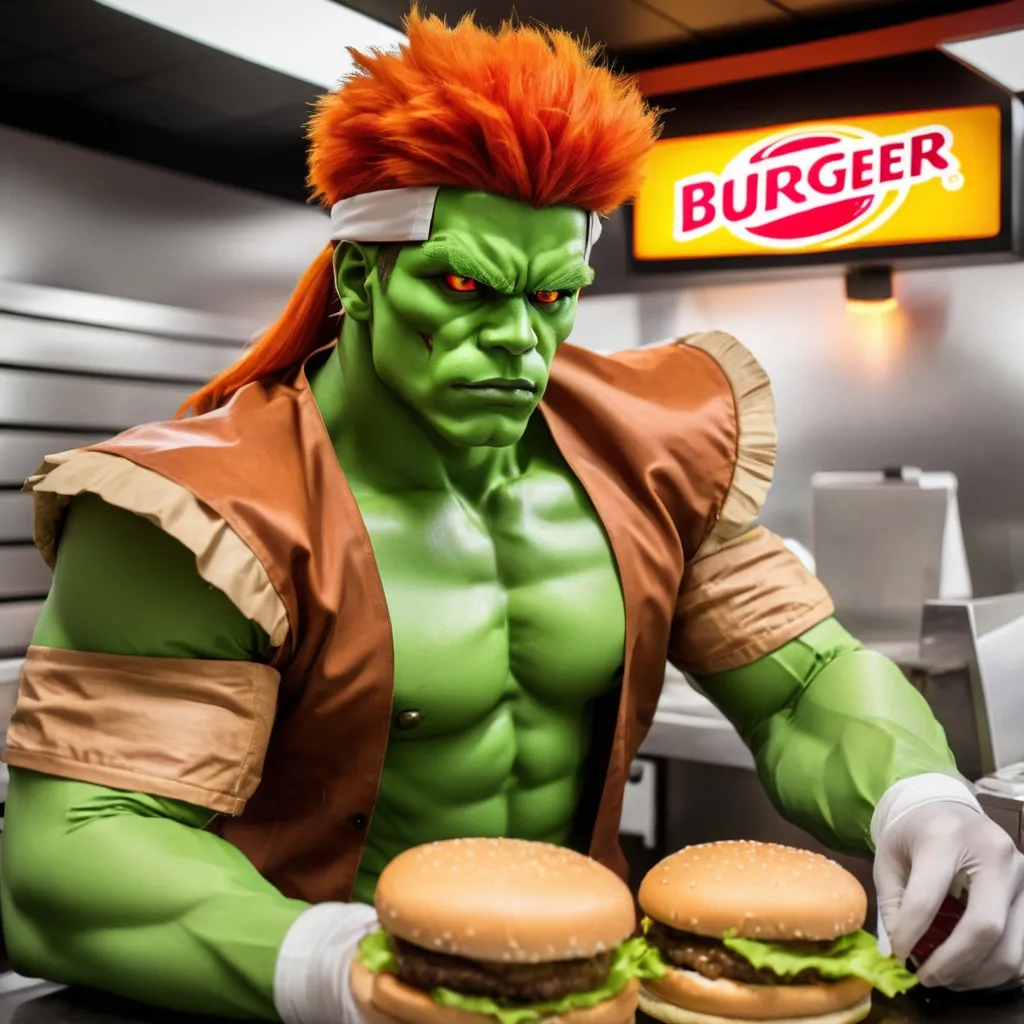 Prompt: Blanka from Street Fighter working at  Burger King