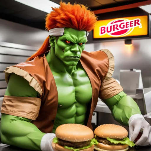 Prompt: Blanka from Street Fighter working at  Burger King
