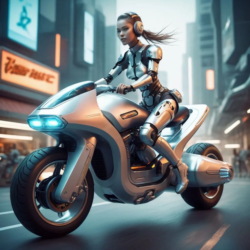 Prompt: Sci-fi illustration of a cyborg girl on a futuristic flying motorcycle, futuristic fast food drive-through, high-quality, detailed, sci-fi, futuristic, cyborg girl, flying motorcycle, futuristic drive-through, urban setting, cool tones, dynamic lighting, cybernetic enhancements, sleek design, professional rendering