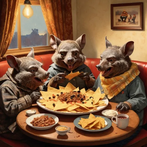 Prompt: Wombat characters enjoying a large plate of nachos, Norman Rockwell style, detailed fur and expressions, nostalgic Americana, warm and cozy lighting, high quality, illustrative, classic style, comforting tones, traditional art, heartwarming scene