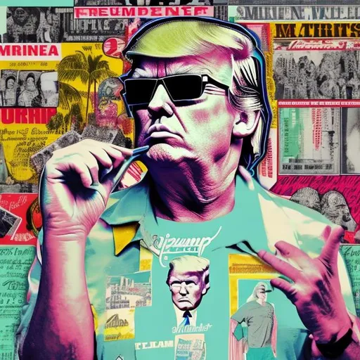 Prompt: Graphic  desifn for tshirt Donald Trump collage 1980s. Miami style pastel  colors he is wearing 1980s sunglasses and talking on a brick size cell phone. trump looks like a pimp 
