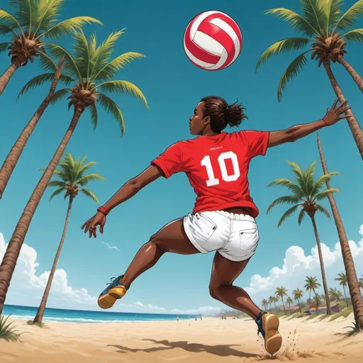 Prompt: A vibrant t-shirt design featuring a person playing volleyball on the beach. The person is wearing a red shirt and white shorts, and is jumping to spike the ball. The background contains a vibrant beach scene with palm trees. The design is framed within a volleyball-shaped outline. The phrase "BORN TO SPIKE" is prominently displayed in bold, sunny colors along the base of the volleyball.