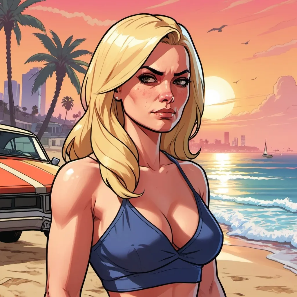 Prompt: GTA V cover art, blonde woman on the beach at sunset, cartoon illustration