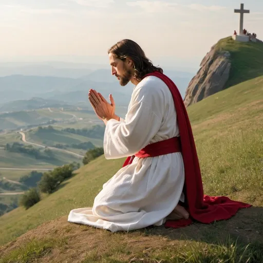Prompt: Jesus wearing a white robe and a red sash kneeling in prayer on a hill