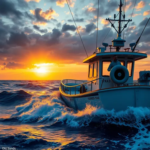 Prompt: Photorealistic image of a commercial fishing boat skippered by a determined captain, vibrant ocean backdrop, dynamic waves crashing against the hull, golden sunset casting dramatic hues of orange and purple across the sky, energetic and inspiring atmosphere, capturing the essence of life at sea, ultra-detailed, high-quality, showcasing seafaring adventures and dedication of the mariner in action.