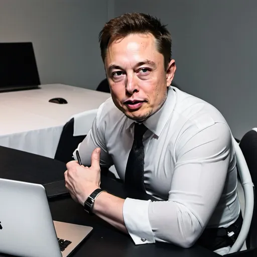 Prompt: working on a table with computer elon  musk


