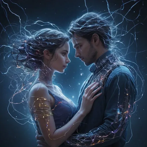 Prompt: In an underwater city, a man and woman hold each other lovingly, made of blurple lightning and iridescent rainbow wires, embracing, smiling, intersecting heartlines, surrounded by lightning wires and twinkling circuitry, the wires connect to each others hearts, intertwining wires and circuits everywhere, blue and blurple lightning, blurple lightning branches of metal parts and circuitry all around them, their wires and circuits begin to intertwine and connect to each other, everything is twinkling, clouds and stars twinkle, behind them are heavenly twinkling clouds, the clouds are made of glowing gold circuits and wiring, they sparkle in the moonlight, behind them are glowing gold and pearl clouds of circuitry,