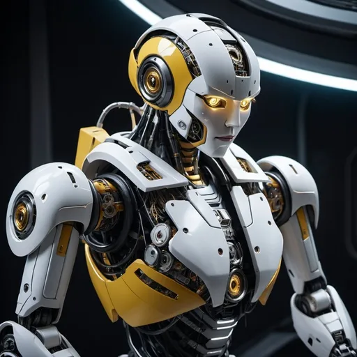 Prompt: RAW photo,8k uhd,soft lighting,high quality,The upper body of the robot,Film and television level lighting,The background is the inside of the spaceship,Dim light,The air is full of dust,robot,(Robot composed of complex parts:1.4),(topography:1.3),(A metallic shell:1.4),Different parts,highlight,(Amazing details:1.5),Metal link gullies are clearly visible.,(Traces of fighting:1.4),An upright robot,Robots occupy 70% of the picture.,A robot assembled from reasonable parts,Such as gears,The robot has a circular yellow light display.,