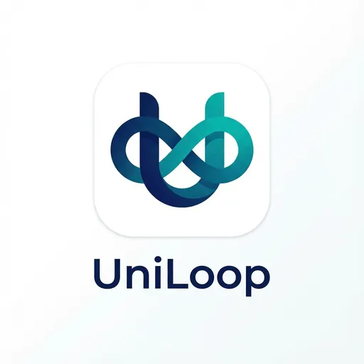 Prompt: A modern minimalist mobile app logo design for a university community app named "UniLoop". The symbol combines the letter 'U' with an infinity loop shape. Color palette: Deep Navy Blue and Vibrant Teal gradient. White background. Flat design, vector style, rounded corners, high quality, ios app icon style. --v 6.0