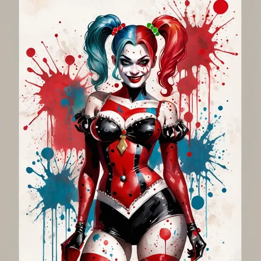 Prompt: digital watercolor painting, full body view, Harley Quinn in jester costume, paint splatter, black and red, bold brush strokes, art nouveau