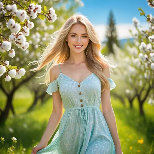 Prompt: beautiful young woman, long blonde hair, springtime, wearing a cotton summer dress, outside, natural light