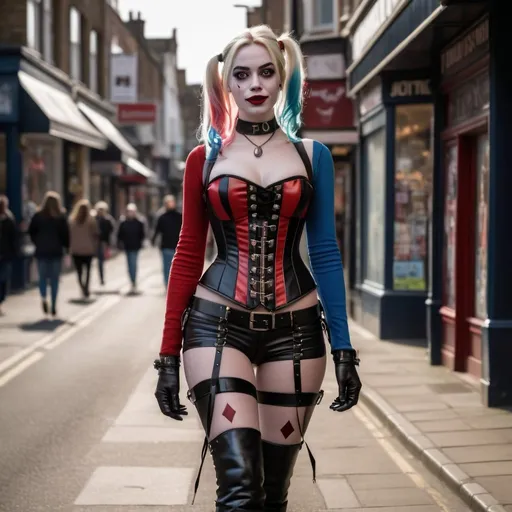 Prompt: Tall young woman, Harley Quinn, walking down the high street, choker necklace, corset, thigh high boots, detailed clothing, realistic, natural lighting