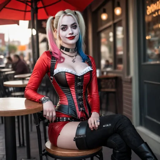 Prompt: Tall young woman, Harley Quinn, sitting at an outside cafe, choker necklace, corset, thigh high boots, detailed clothing, realistic, natural lighting