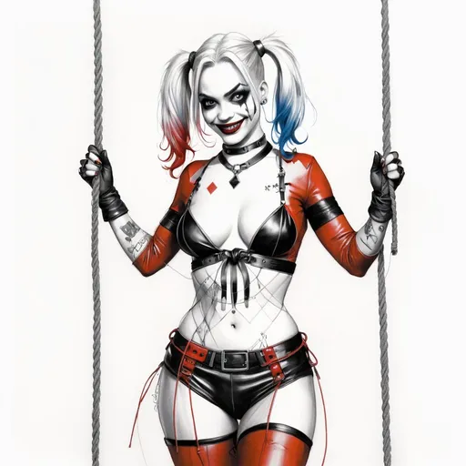 Prompt: pencil sketch of Harley Quinn, bound with shibari ropes, white background