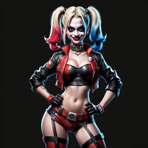 Prompt: Anime cyberpunk style, classic Harley Quinn, full body view, standing, crossing arms and squeezing chest together, playfully smirking, highly detailed, HD, dark background