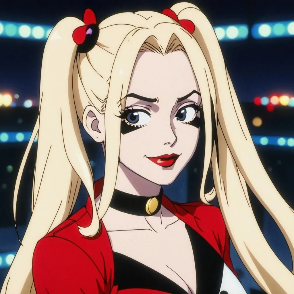 Prompt: 1990s anime screencap, Harley Quinn, long hair, anime scene