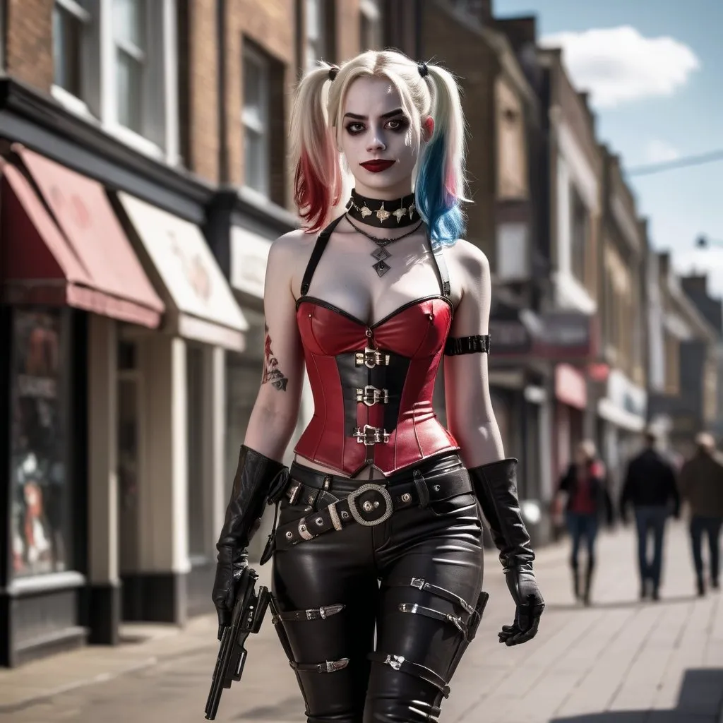 Prompt: Tall young woman, Harley Quinn, walking down the high street with revolver handgun in hand, choker necklace, corset, thigh high boots, detailed clothing, realistic, natural lighting