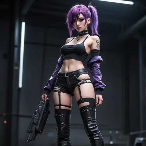 Prompt: Anime cyberpunk style, 21-year-old female, athletic, purple hair, standing, thigh high boots, choker necklace, highly detailed, HD, dark background
