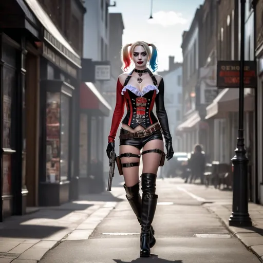 Prompt: Tall young woman, Harley Quinn, walking down the high street with revolver handgun in hand, choker necklace, corset, thigh high boots, detailed clothing, realistic, natural lighting