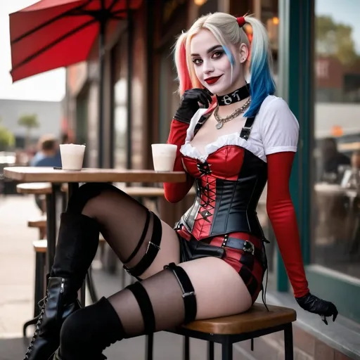 Prompt: Tall young woman, Harley Quinn, sitting at an outside cafe, choker necklace, corset, thigh high boots, detailed clothing, realistic, natural lighting