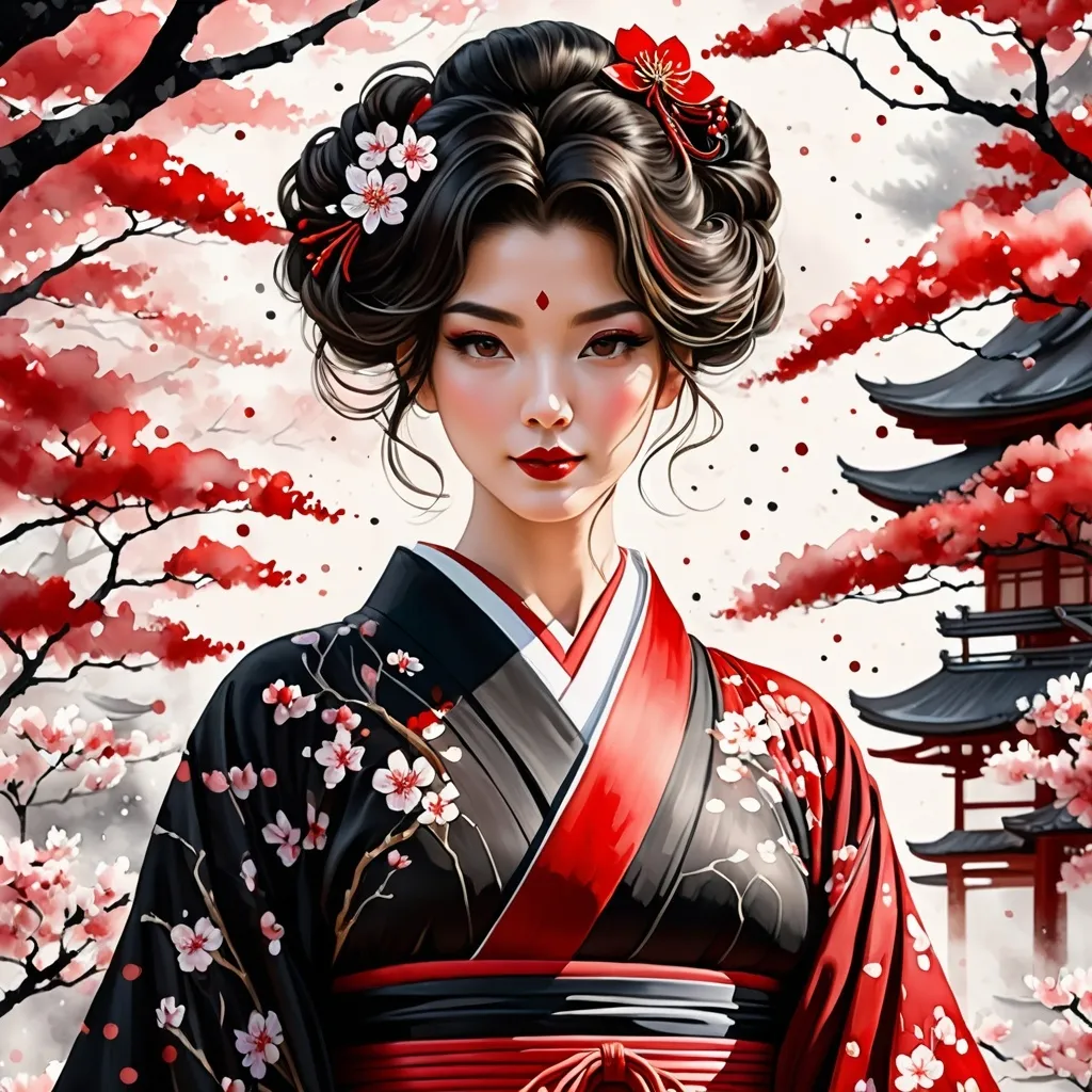 Prompt: digital watercolor painting, a woman wearing an intricate kimono, paint splatter, black and red, cherry blossom trees, bold brush strokes, art nouveau