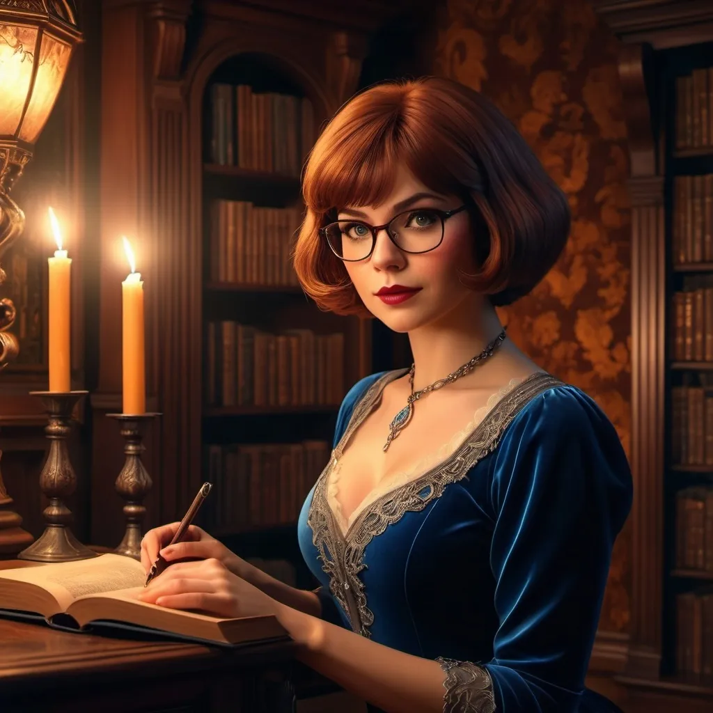 Prompt: hyper-realistic beautiful Velma, in haunted mansion, fantasy character art, illustration, dnd, warm tone