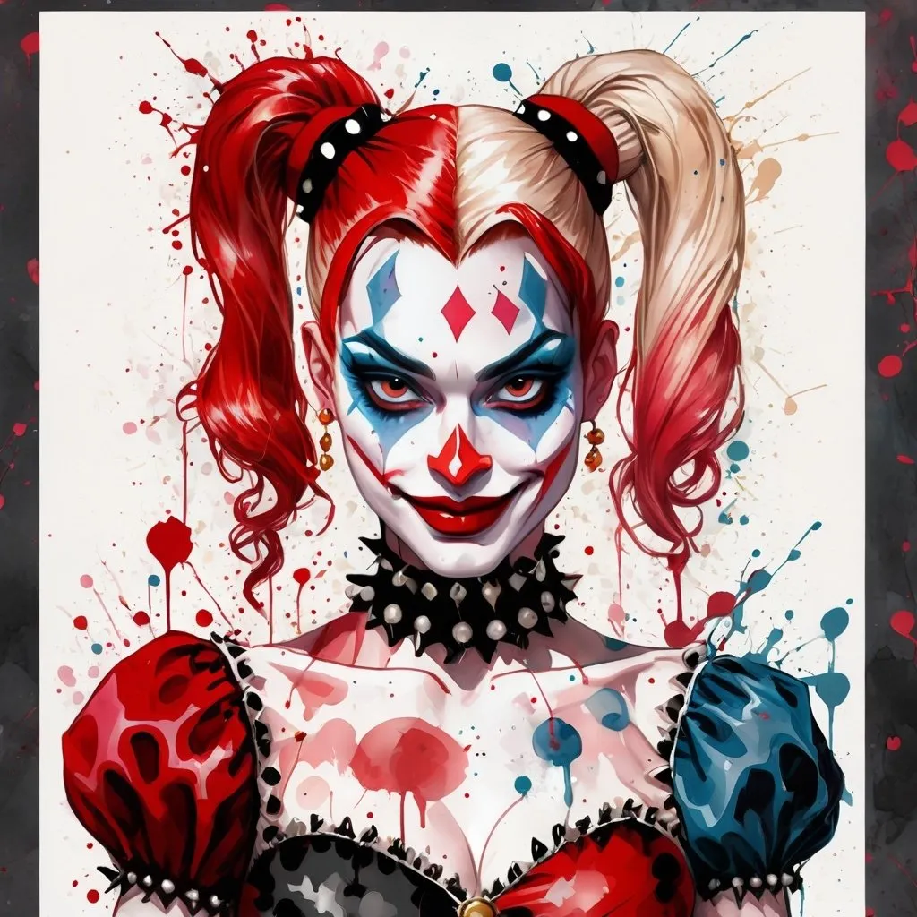 digital watercolor painting, Harley Quinn in jester...