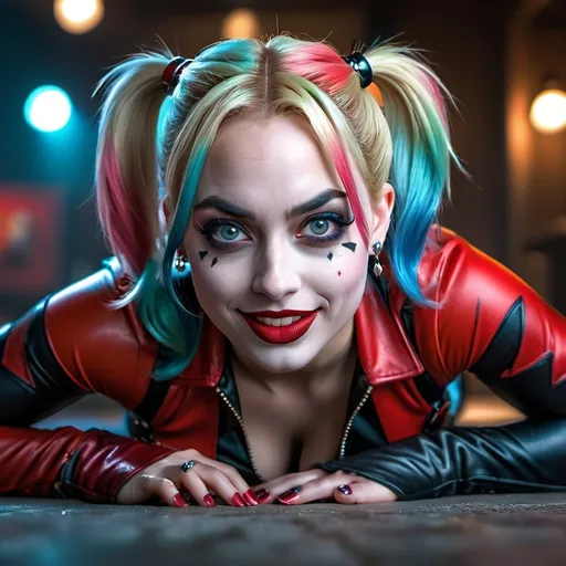 Prompt: realistic Harley Quinn, leaning over viewer, crawling toward viewer, on hands and knees, head tilted to the side, sticking tongue out, legs crossed