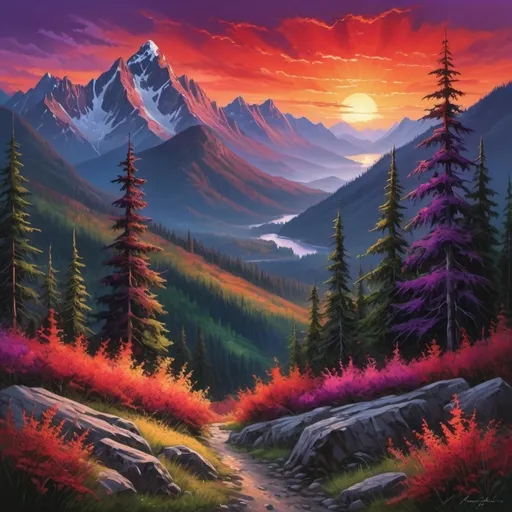 Prompt: Beautiful red and purple sunset, bright, vibrant colors, jagged mountains, evergreen trees