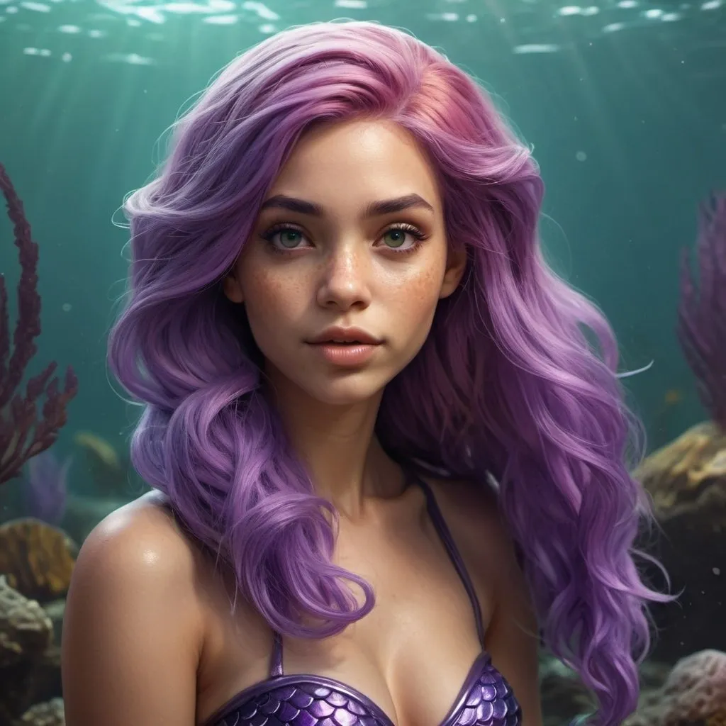 Prompt: hyper-realistic mermaid character with purple hair, fantasy character art, illustration, dnd, warm tone