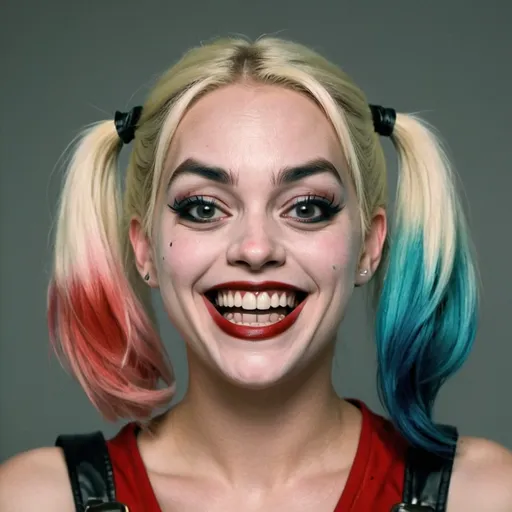 Prompt: Harley Quinn mugshot, laughing hysterically