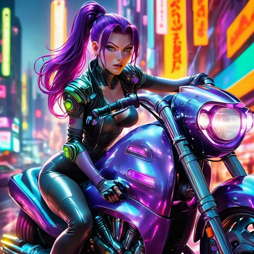 Prompt: a close up of a female riding a futuristic motorcycle, long purple hair in ponytail, shiny cyberpunk colors, retrofuturism, 1980s sci-fi, game cover art, character, 4k