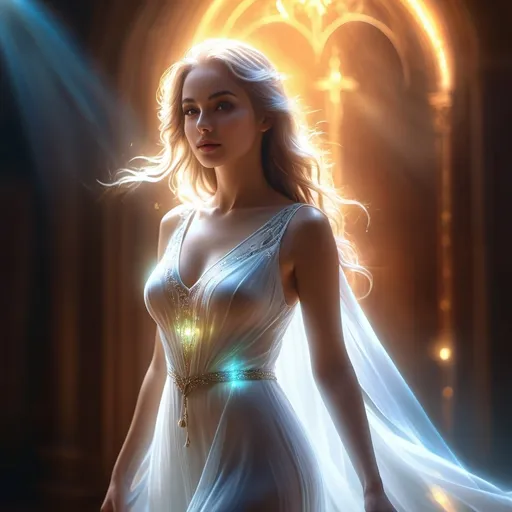 Prompt: hyper-realistic beautiful ethereal ghostly female figure, glowing bright, translucent body, light radiating from within, fantasy character art, illustration, dnd, warm tone