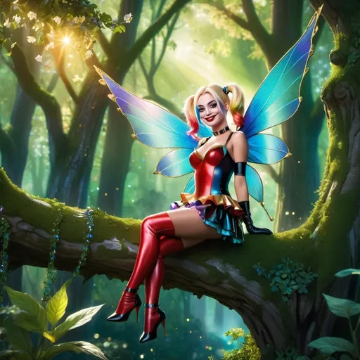 Prompt: Harley Quinn as a fairy, in a lush forest, perched on a tree branch, highly detailed, natural lighting