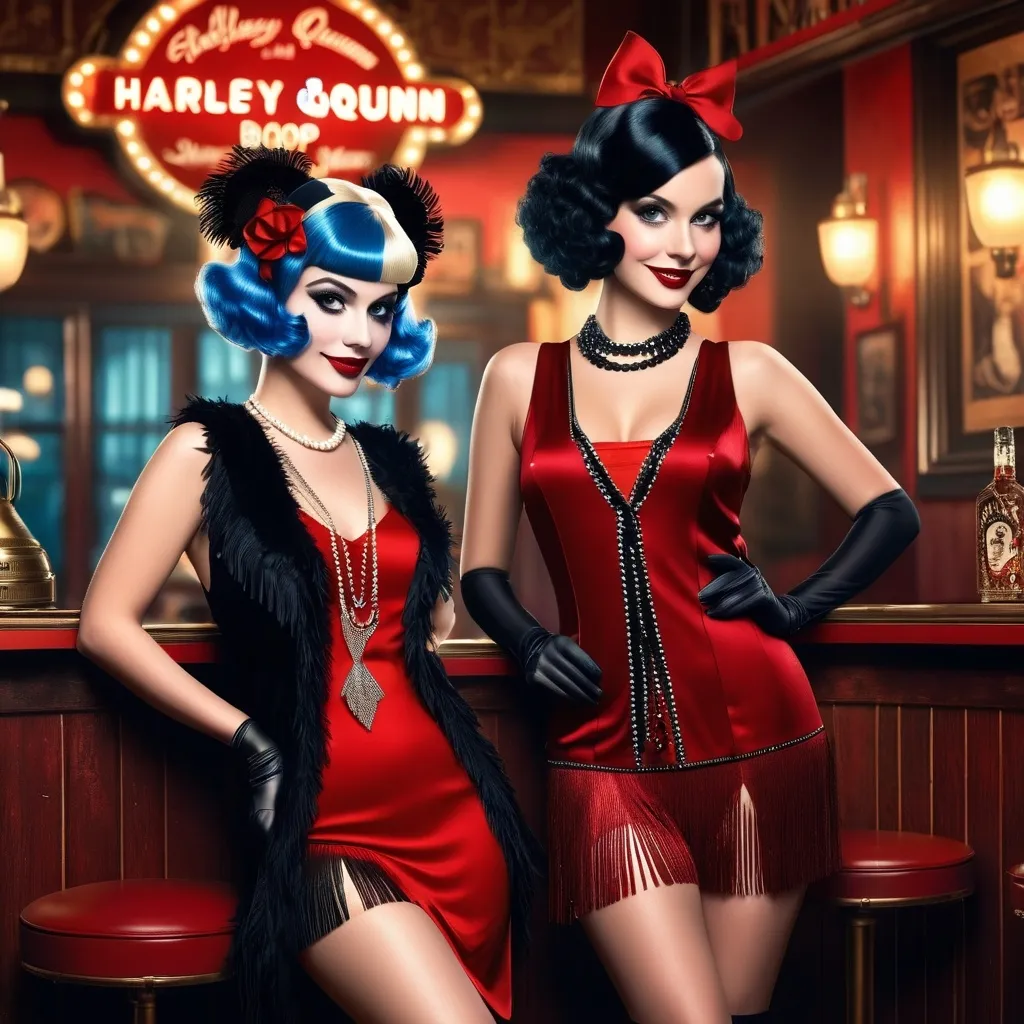 Prompt: 1920's Harley Quinn and Betty Boop, flapper, detailed clothing, realistic, natural lighting, 1920's speak easy