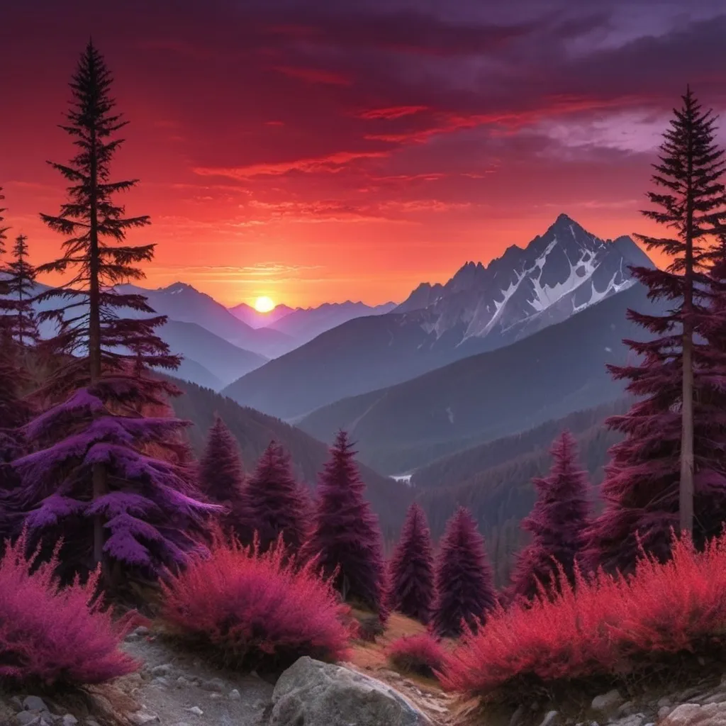 Prompt: Beautiful red and purple sunset, jagged mountains, evergreen trees