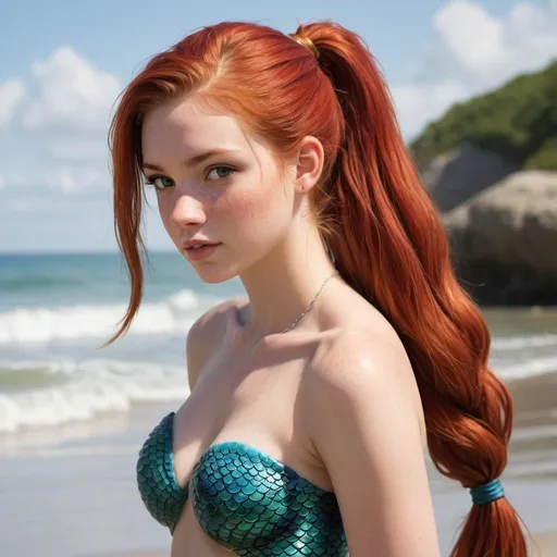 Prompt: Tall 18-year-old girl mermaid, red hair, ponytail, beach scene, realistic, natural lighting
