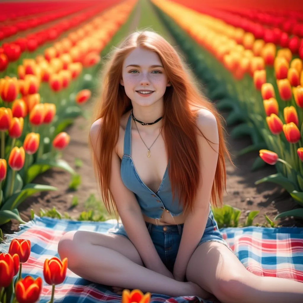 Prompt: beautiful 15-year-old girl, perfect face, full lips, wearing cut-off blue jean shorts and a halter top, barefoot, long red hair flowing down, choker necklace accentuating elegance, toned athletic body, sitting gracefully on a plaid picnic blanket, surrounded by a lush field of colorful tulips, under a clear blue spring sky, basking in perfectly soft light, ultra-detailed, serene ambiance, cheerful atmosphere.