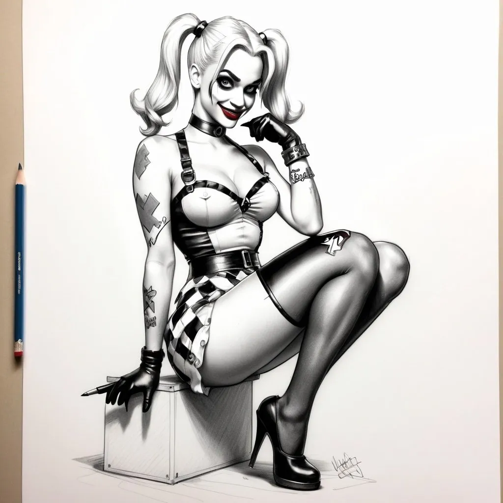 Prompt: pencil sketch of full body Harley Quinn as a pin up, white background