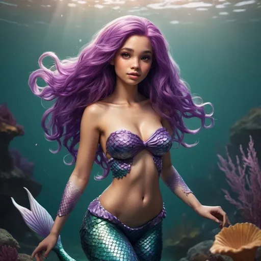 Prompt: hyper-realistic mermaid character with purple hair, fantasy character art, full body view, illustration, dnd, warm tone