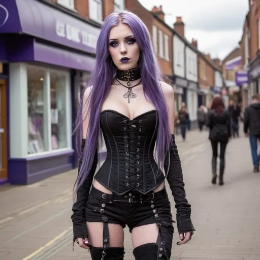 Prompt: Tall young woman walking down the high street, choker necklace, corset, thigh high boots, long purple hair, emo make-up, detailed clothing, realistic, natural lighting