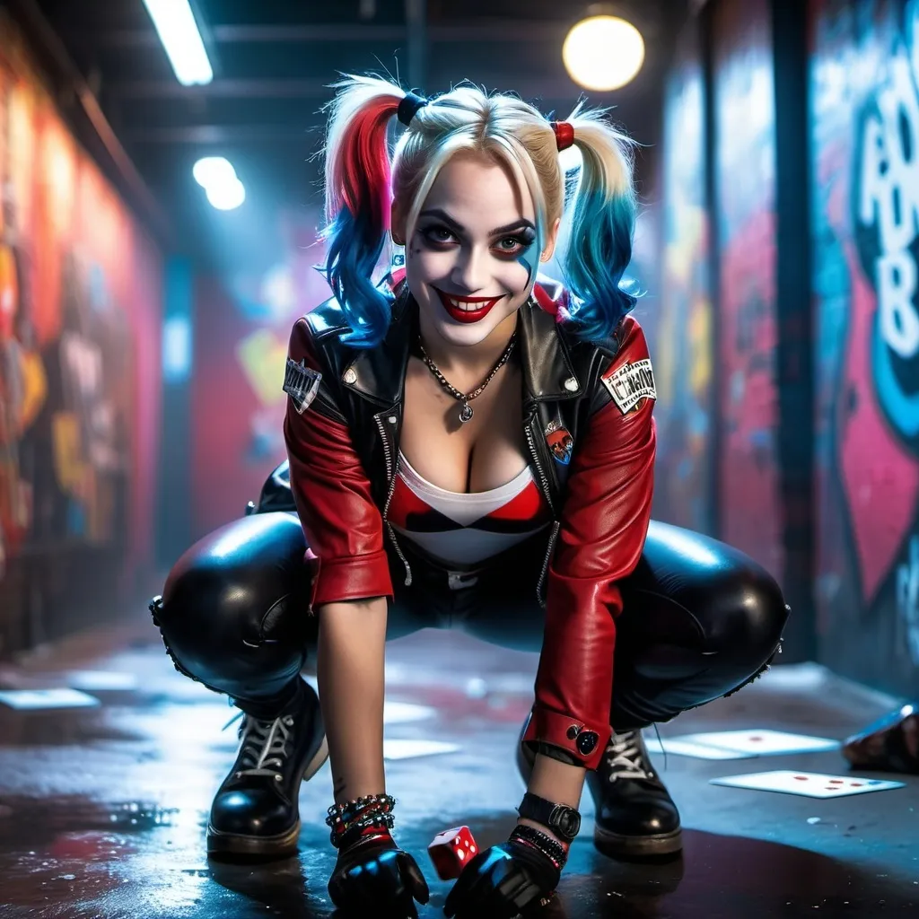 Prompt: realistic Harley Quinn, leaning over viewer, squatting, legs open, sticking tongue out