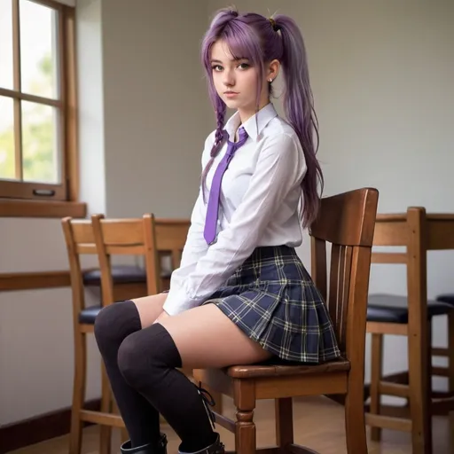 Prompt: Tall 18-year-old girl sitting on a wooden chair, tight white button up shirt, tight short plaid schoolgirl skirt, thigh high boots, purple hair, ponytail, detailed clothing, realistic, natural lighting