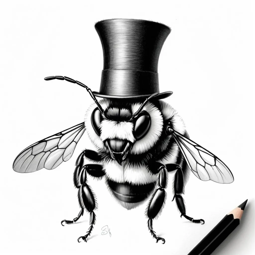 Prompt: pencil sketch of a bumblebee wearing a small top hat, 3/4 view from front, white background