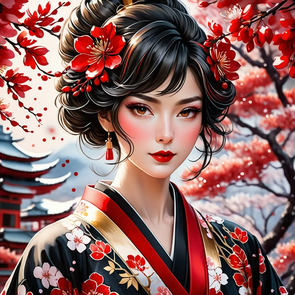 Prompt: digital watercolor painting, a woman wearing an intricate kimono, paint splatter, black and red, cherry blossom trees, bold brush strokes, art nouveau