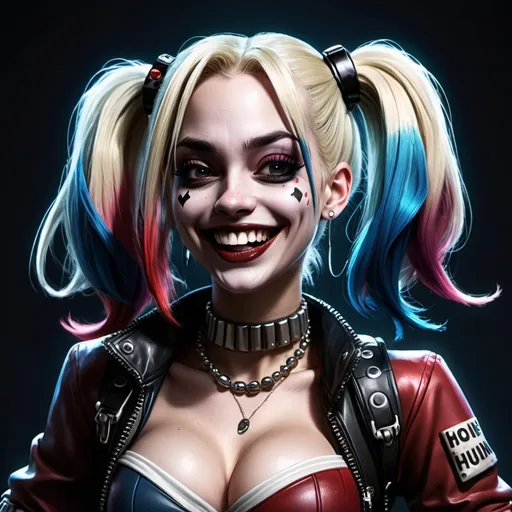 Prompt: Anime cyberpunk style, classic Harley Quinn, laughing, highly detailed, HD, dark background