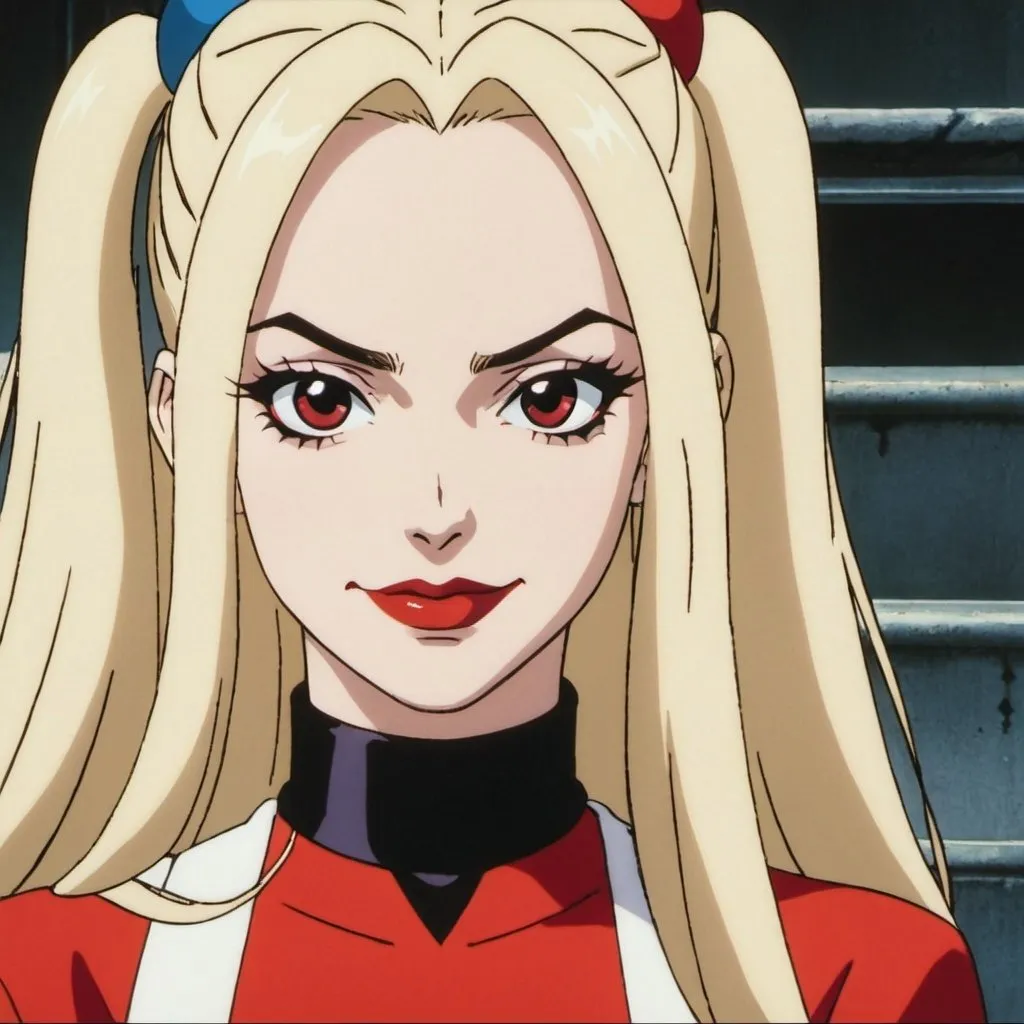 Prompt: 1990s anime screencap, Harley Quinn, long hair, crossing eyes, anime scene