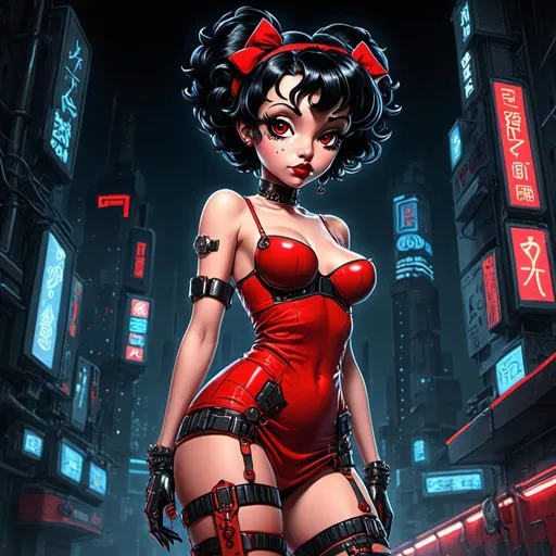 Prompt: Anime cyberpunk style, Betty Boop, red dress, thigh garter, highly detailed, HD, dark background