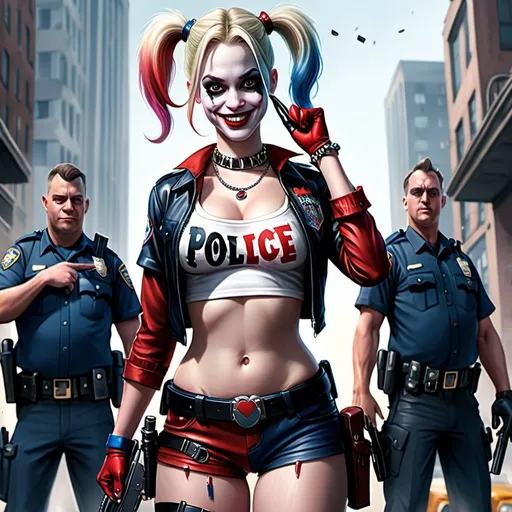 Prompt: Realistic style, Harley Quinn, standing with legs crossed, playfully smiling, hands behind her head, police in the background, police pointing guns at Harley Quinn, highly detailed, HD