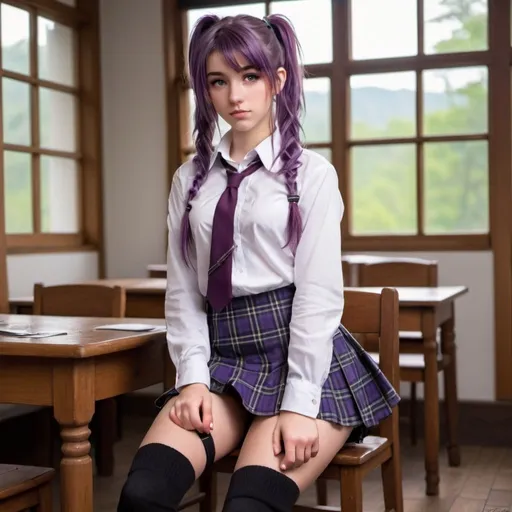 Prompt: Tall 18-year-old girl sitting on a wooden chair, tight white button up shirt, tight short plaid schoolgirl skirt, thigh high boots, purple hair, ponytail, detailed clothing, realistic, natural lighting